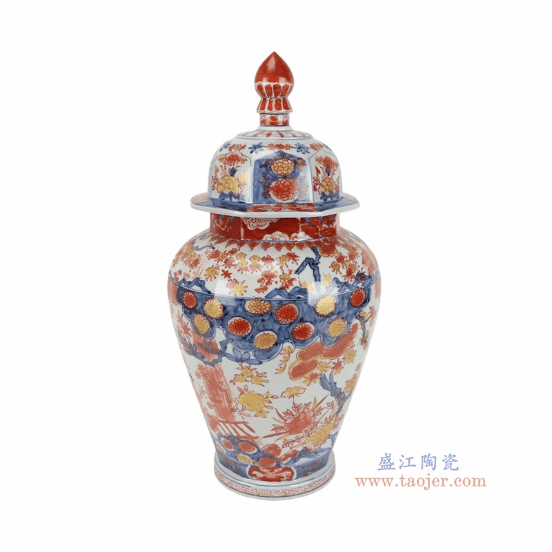 RZQF36-A 青花矾红风景人物纹将军罐 