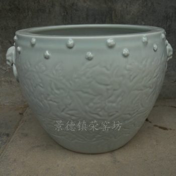 ZJSG10景德镇 精品手工 陶瓷 影青 狮子头带钉 陶瓷雕刻 鱼缸