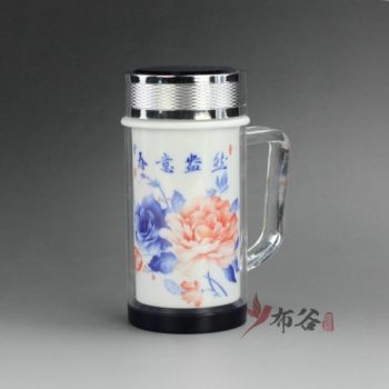 CBAJ06-A 9704手工双层隔热粉彩陶瓷内胆带柄茶杯 保温杯 养生杯