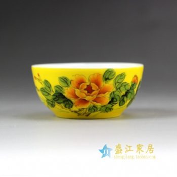 14DR158-A手绘粉彩黄地花卉图纹茶碗  茶杯 品茗杯 功夫茶杯