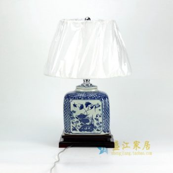 DS32-TM 青花海棠型荷莲花鸟屏画瓷罐底座灯台 带罩灯具