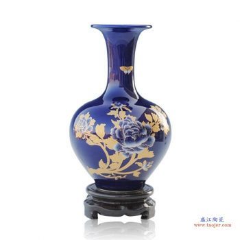 RZIF02-A   景德镇高温颜色釉 祭蓝 釉上彩 金牡丹 赏瓶 花瓶