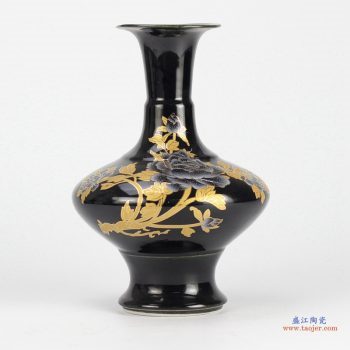 RZIF03-A  高温颜色釉乌金釉 釉上彩黑釉 金色牡丹 扁肚 花瓶