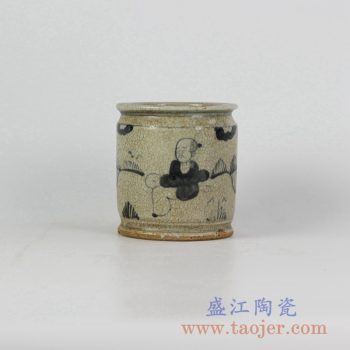 RZFB07-B_仿古开片手绘人物陶瓷罐储物罐笔筒