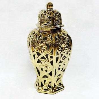 RZKA171025_镀金镂空陶瓷盖罐 雕刻花纹装饰摆件 客厅餐厅玄关装饰