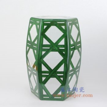 RYNQ67-NEW-景德镇陶瓷 墨绿色 几何图案 六方凳 凉墩