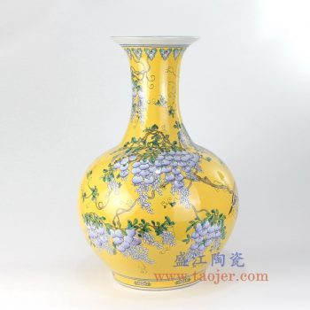 RYRK16-B-景德镇陶瓷 手绘黄底 粉彩葡萄 赏瓶 花插花瓶