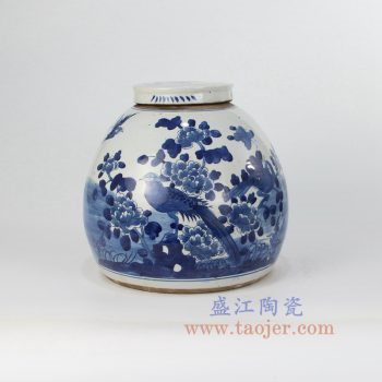 RZFZ07-a-OLD-_景德镇陶瓷 纯手绘 青花仿古 花鸟牡丹 盖罐储物罐