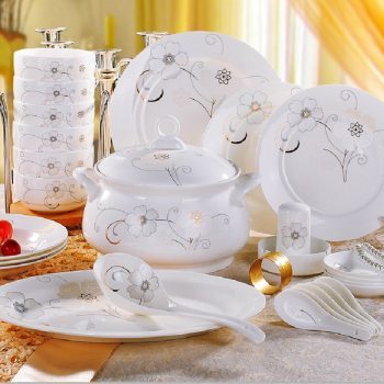 CJ57景德镇陶瓷礼品厂家直销56头骨瓷餐具套装陶瓷餐具碗盘碟套装雪莲