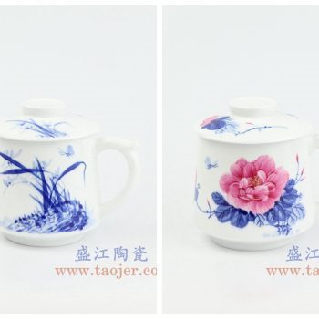 RZOH01-A-B 景德镇陶瓷 纯手绘 青花兰花 青花釉里红牡丹 陶瓷茶杯