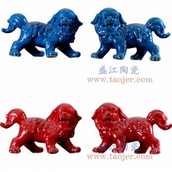 RYPU50-A-B 景德镇陶瓷 高温瓷低温颜色釉 仿古纯手工祭兰色 红色 雕刻对狮 狮子狗摆件