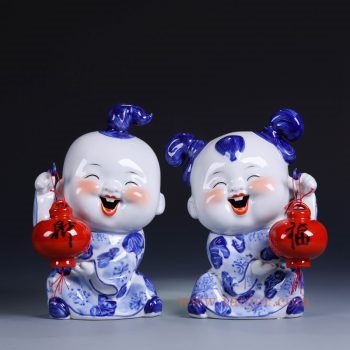 RZGB17-景德镇陶瓷 手工雕塑青花瓷娃娃 童子童趣 福到财到 中式婚庆可爱小摆件 男娃女娃一对
