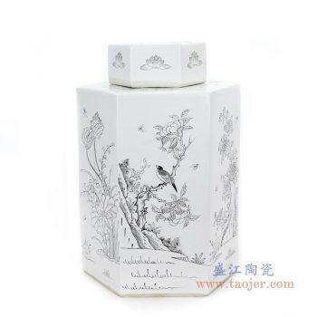 RYSM03-B 景德镇陶瓷 手绘花鸟六方茶叶罐