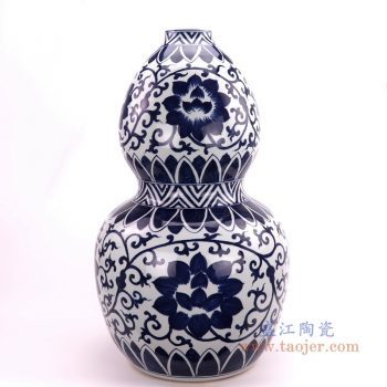 RZFQ30 景德镇陶瓷 仿古做旧青花缠枝莲裂纹釉葫芦瓶