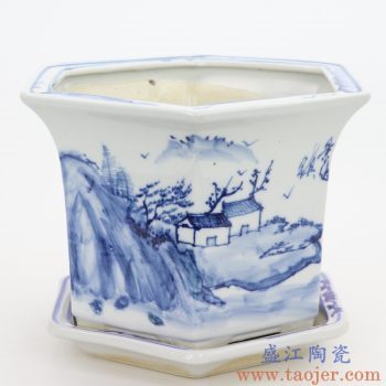 RZQM04-B 景德镇陶瓷 手绘青花山水中式六方花盆