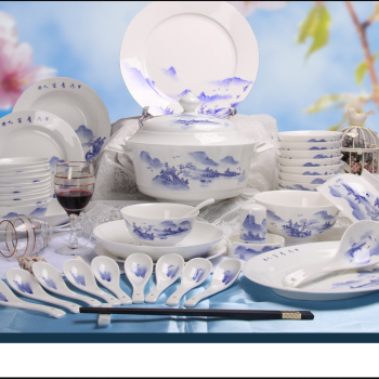 ZPK-264 景德镇陶瓷 骨瓷餐具纯手绘56头青花山水碗碟套装中式家用碗盘子