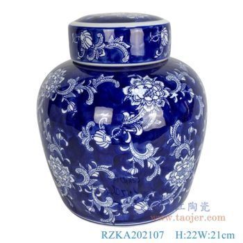 RZKA202107 青花蓝底白花花卉陶瓷盖罐