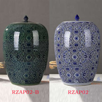 RZAP02-青花缠枝莲冬瓜米缸普洱茶储物罐