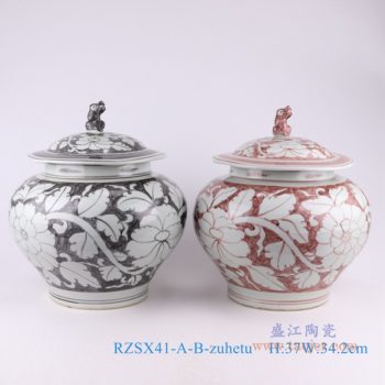 RZSX41-A-B-zuhetu    墨彩矾红花卉狗头罐盖罐      高：37直径：34.2口径：底径：重量：KG