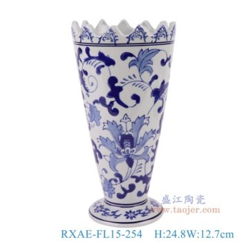 RXAE-FL15-254  青花缠枝莲齿口直筒花瓶      高24.8直径12.7口径底径9.9重量0.4KG