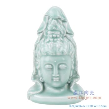 RZQW06-A    颜色釉影青釉雕刻观音菩萨雕塑佛头佛像   高：20直径：13.5口径：底径：重量：0.8KG