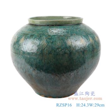 RZSP16   仿古窑变绿釉雕刻菱形纹大肚瓶罐子；    高：24.3直径：29口径：17.5底径：14.5重量：4.1KG