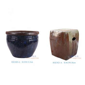 RXCH03-A 仿古深蓝雕刻回纹陶缸 RXCH21-A 仿古红色四方凳子