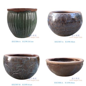 RXCH06-A仿古绿色雕刻竖纹陶缸 RXCH07-A仿古红色雕刻回纹陶缸 RXCH07-B仿古红色雕刻荷花纹陶缸 RXCH08-A仿古红色雕刻竖纹陶缸