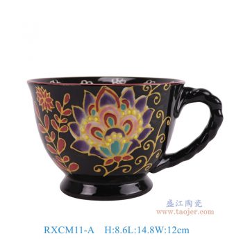 RXCM11-A  黑底彩绘花叶纹6寸咖啡杯子  高8.6直径14.8底径7重量0.35KG