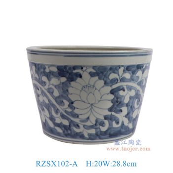 RZSX102-A 仿古脚踩泥蓝底白莲花纹脚盆缸 高20直径28.8底径21.3重量4.7KG
