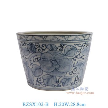 RZSX102-B 仿古脚踩泥青花牡丹纹脚盆缸 高20直径28.8底径21.3重量4.7KG