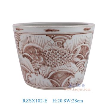 RZSX102-E 仿古脚踩泥釉里红海水鱼纹脚盆缸 高20.8直径28底径21重量4.05KG