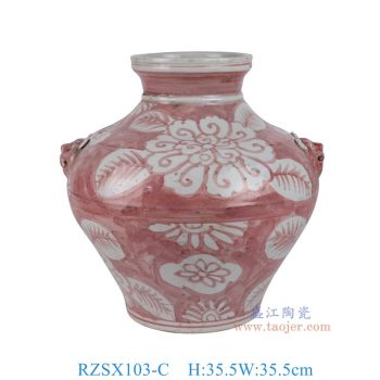 RZSX103-C 仿古脚踩泥釉里红底白牡丹纹狮耳罐 高35.5直径35.5底径18重量5.7KG