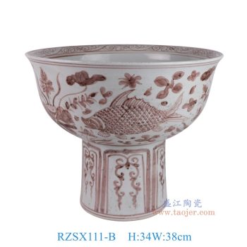 RZSX111-B 仿古脚踩泥釉里红鱼藻纹高脚盆 高34直径38底径18.5重量8.3KG
