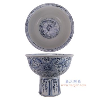 RZSX111-D 仿古脚踩泥青花牡丹纹高脚盆 高34.3直径41.3底径19.2重量8.3KG