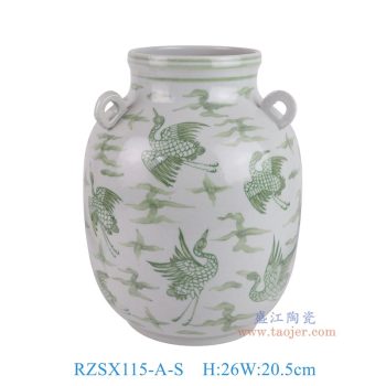 RZSX115-A-S 仿古脚踩泥绿色仙鹤纹四耳罐小号 高26直径20.5底径13重量3.5KG