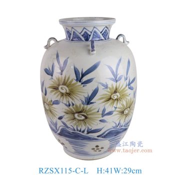 RZSX115-C-L  仿古脚踩泥青花斗彩花叶纹四耳罐大号 高41直径29底径17重量8.75KG