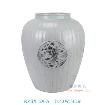 RZSX129-A 仿古脚踩泥白底开窗黑色鱼藻纹瓜楞罐 高43直径36底径21.5重量11.9KG