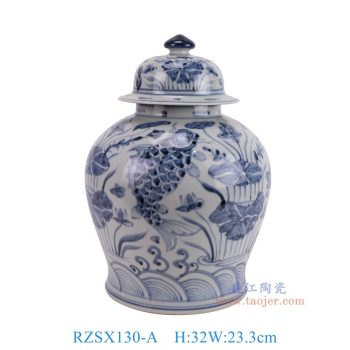 RZSX130-A 仿古脚踩泥青花荷花鱼纹将军罐 高32直径23.3底径18.5重量4.2KG