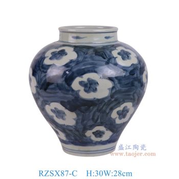 RZSX87-C 仿古脚踩泥青花蓝底白花纹大肚罐 高30直径28底径12.5重量3.6KG