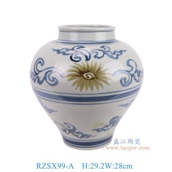 RZSX99-A 仿古脚踩泥青花釉里红太阳花纹大肚罐 高29.2直径28底径12.4重量3.8KG