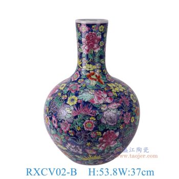 RXCV02-B 粉彩蓝底万花天球瓶 高53.8直径37底径18.8重量7.9KG