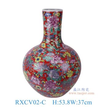 RXCV02-C 粉彩红底万花天球瓶 高53.8直径37底径18.8重量7.9KG