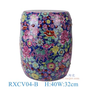 RXCV04-B 粉彩蓝底万花圆凳 高40直径32底径25.8重量9.6KG