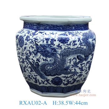 RXAU02-A 青花龙纹八角大缸 高38.5直径44底径25.5