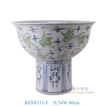 RZSX111-F 仿古脚踩泥青花仙鹤纹高脚盆 高34直径40底径18.5重量8.6KG