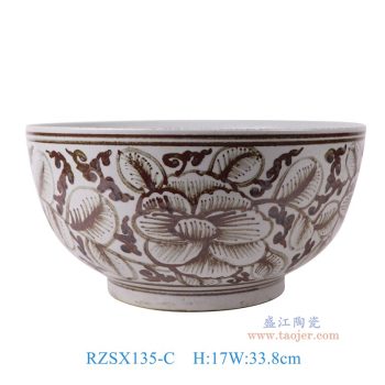 RZSX135-C 仿古脚踩泥铁锈红牡丹纹大碗 高17直径33.8底径17.8重量4KG