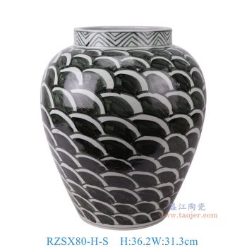RZSX80-H-S 仿古脚踩泥墨绿色海水纹冬瓜罐小号 高36.2直径31.3底径17.2重量7.4KG