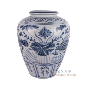 RZSX69-D 仿古脚踩泥青花荷花鱼纹冬瓜罐 高42直径33.5底径17.5重量9KG