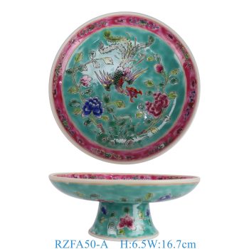 RZFA50-A 娘惹瓷绿底凤凰牡丹纹高脚圆果盘